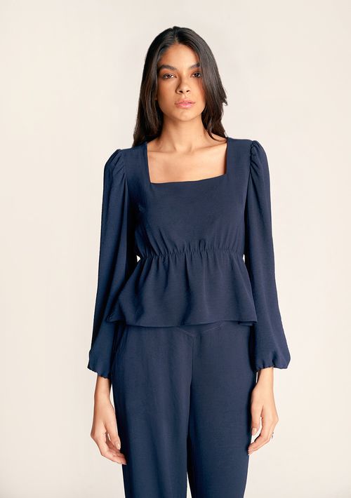Blusa Zinco Decote Quadrado Manga Longa Detalhe Elástico Azul Marinho