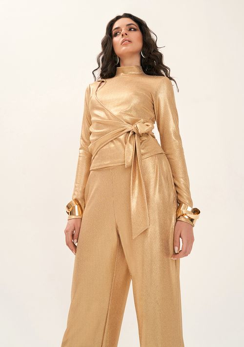 Blusa Zinco Gola Alta Manga Longa Com Faixa Dourado