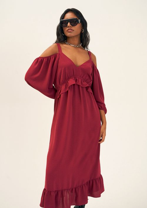Vestido Zinco Midi Decote V Com Babado Bordo