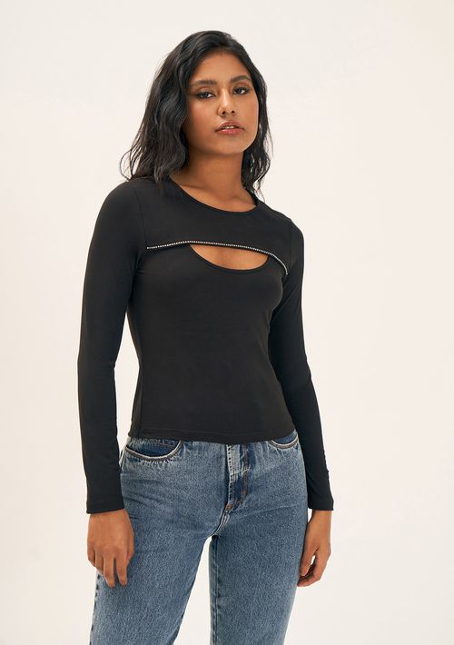 Blusa Zinco Decote Redondo Manga Longa Detalhe Corrente Preto