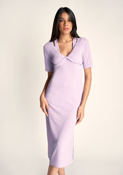 Vestido Zinco Midi Decote Torção Com Fenda Lilas