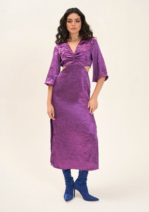 Vestido Zinco Midi Decote V Detalhe Frente Roxo