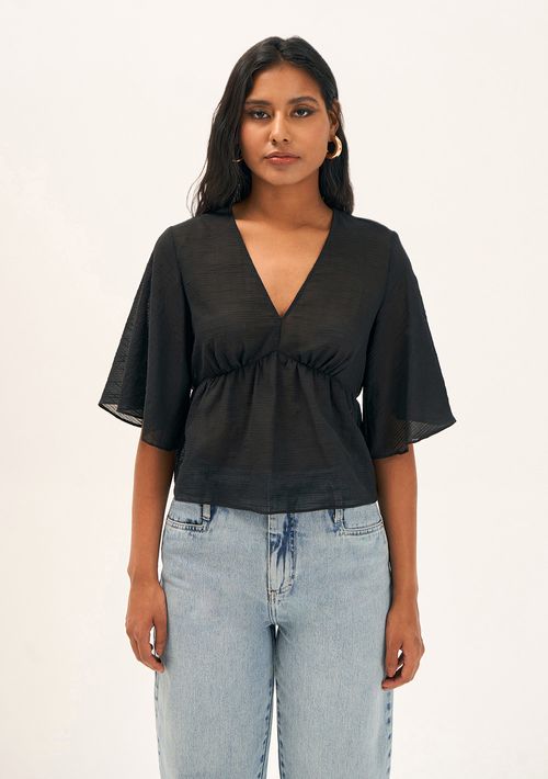 Blusa Zinco Decote V Manga Godê Básica Preto