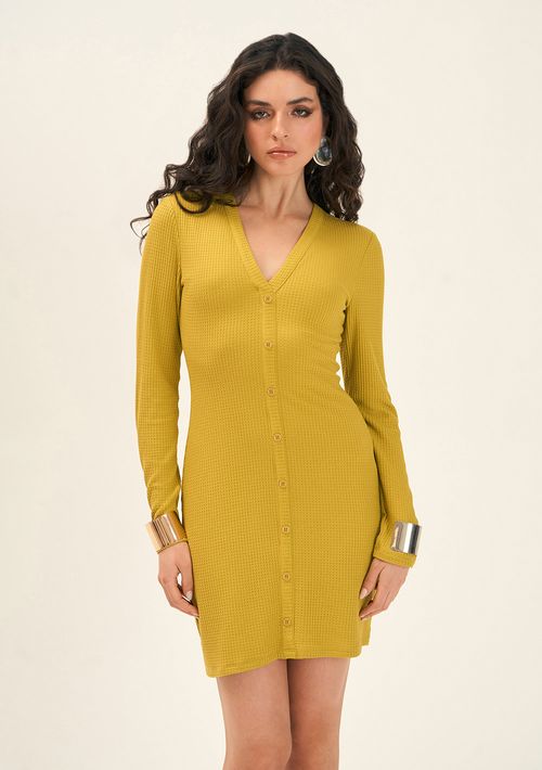 Vestido Zinco Curto Decote V Com Botão Verde Claro