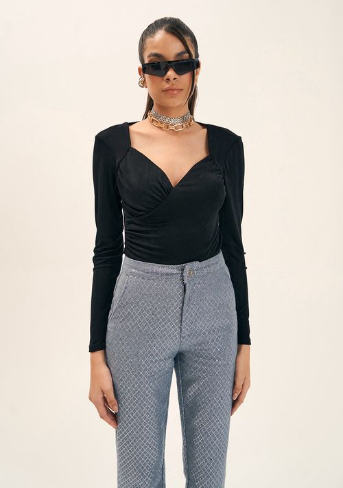 Body Zinco Decote V Manga Longa Com Franzido Preto