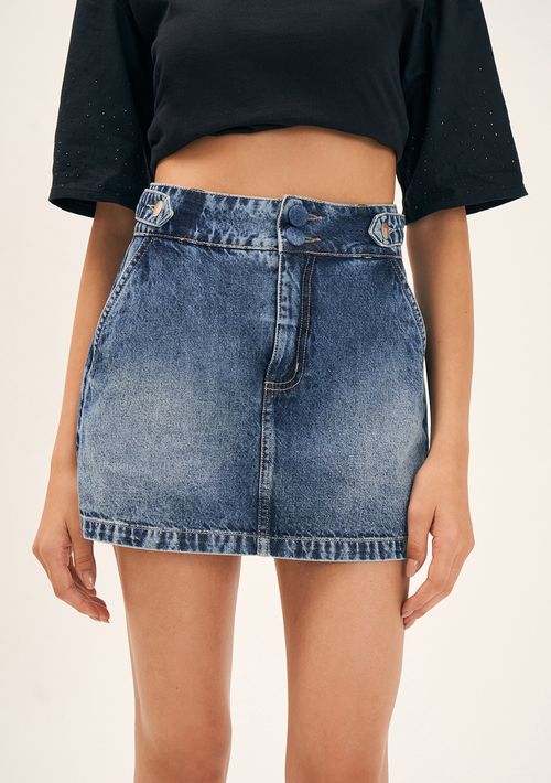 Saia Zinco Curta Justa Detalhe Martingale Jeans