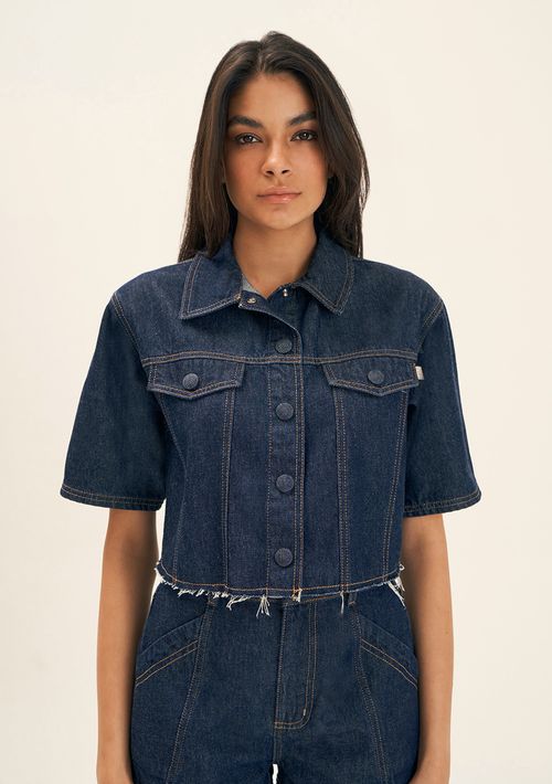 Camisa Zinco Manga Curta Detalhe Pesponto Jeans