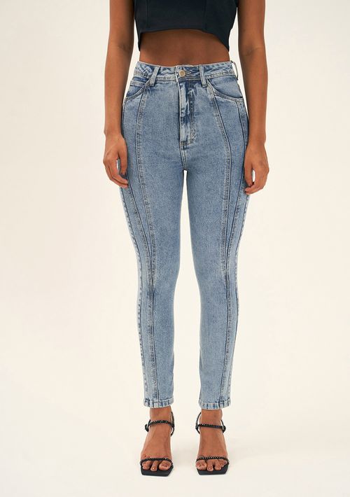 Calca Zinco Cigarrete Cós Alto Com Recorte Jeans