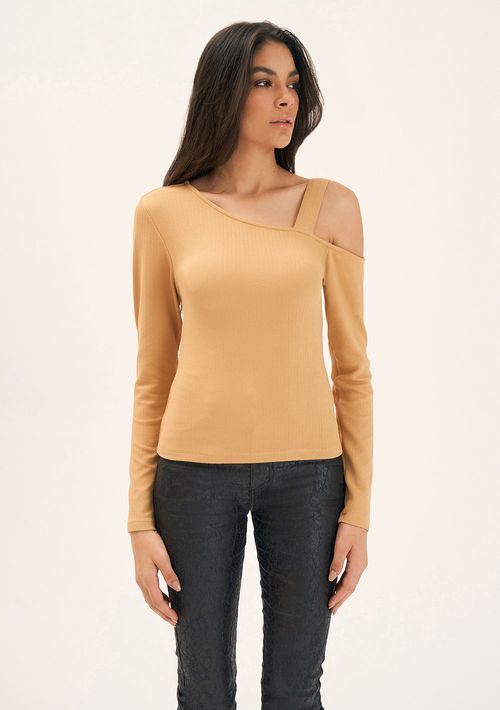 Blusa Zinco Decote Assimétrico Manga Longa Básica Bege