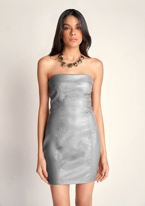 Vestido Zinco Curto Tomara Que Caia Detalhe Lapela Prata