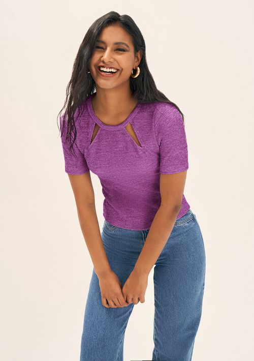 Blusa Zinco Decote Redondo Manga Curta Abertura Frente Roxo