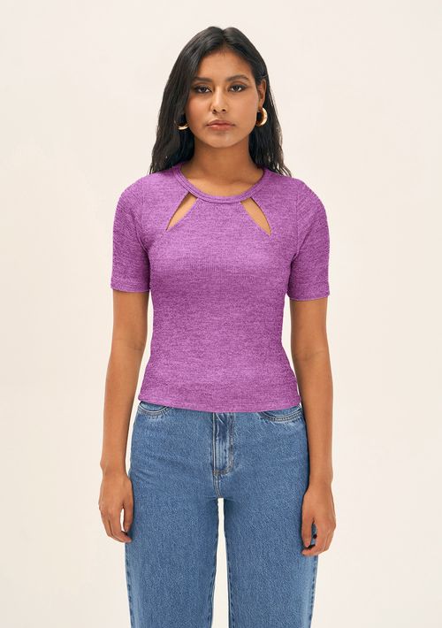 Blusa Zinco Decote Redondo Manga Curta Abertura Frente Roxo