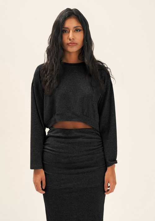 Blusa Zinco Decote Redondo Manga Longa Com Termocolante Preto