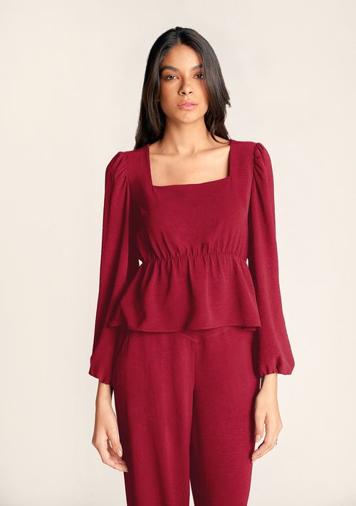 Blusa Zinco Decote Quadrado Manga Longa Detalhe Elástico Bordo