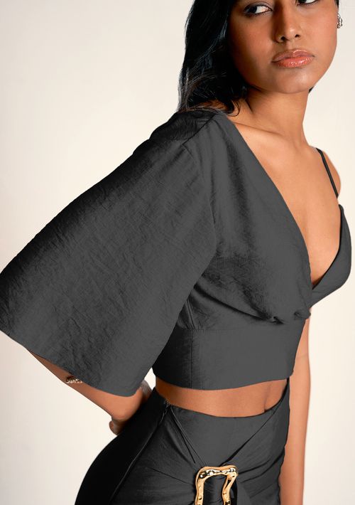 Top Zinco Cropped Manga Curta Assimétrico Preto