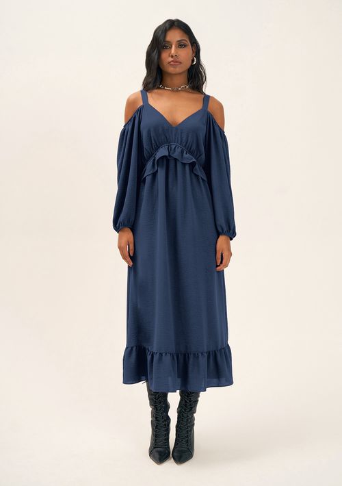 Vestido Zinco Midi Decote V Com Babado Azul Marinho