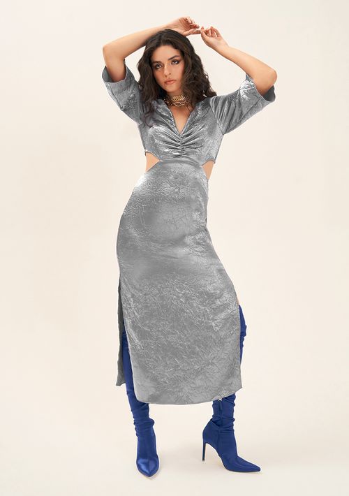 Vestido Zinco Midi Decote V Detalhe Frente Prata