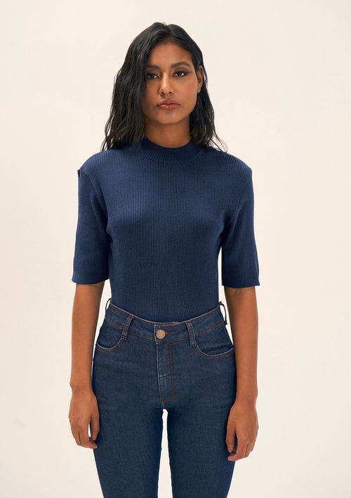 Blusa Zinco Gola Alta Manga Curta Tricôt Azul Marinho