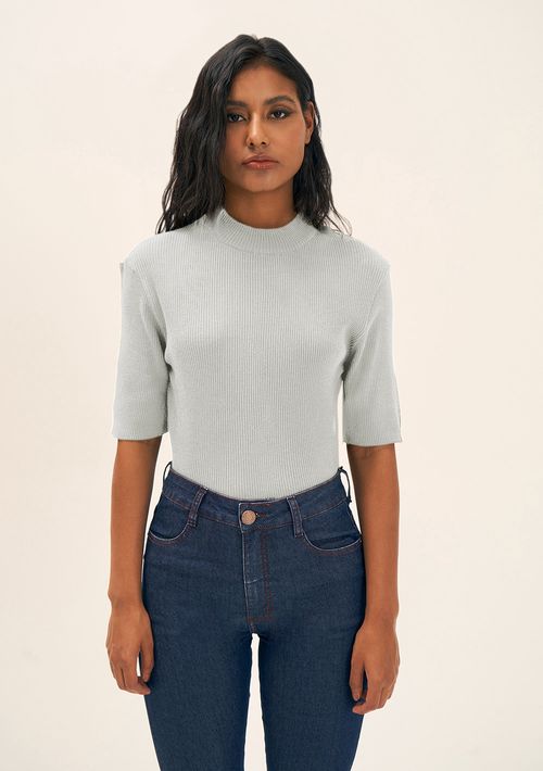 Blusa Zinco Gola Alta Manga Curta Tricôt Off White