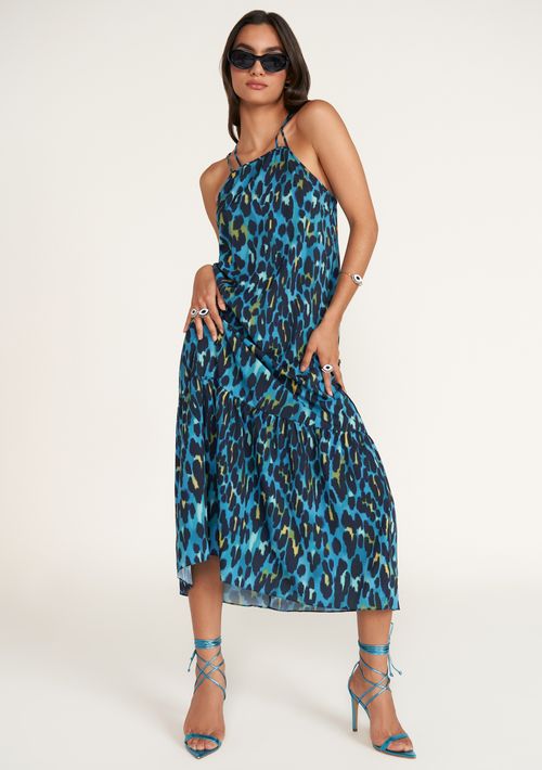 Vestido Zinco Midi Decote Reto Detalhe Alça Azul