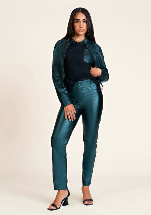 Calca Zinco Reta Cós Alto Bolso Falso Verde