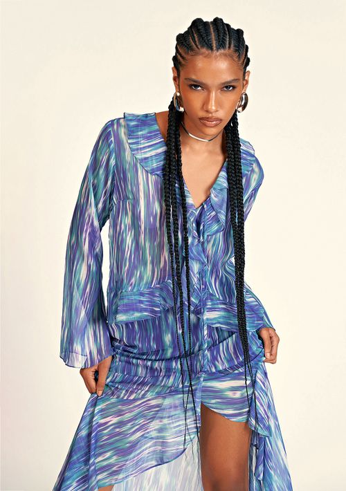 Blusa Zinco Decote V Manga Flare Com Babado Azul