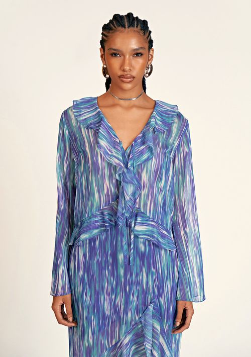 Blusa Zinco Decote V Manga Flare Com Babado Azul