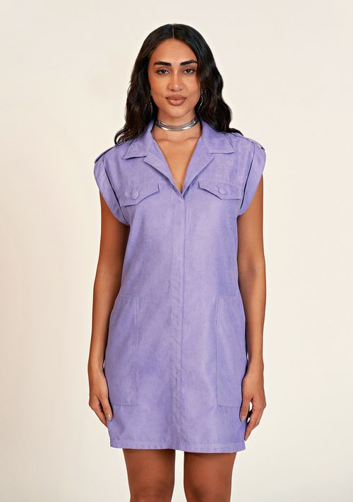 Vestido Zinco Curto Gola Camisa Com Faixa Lilas