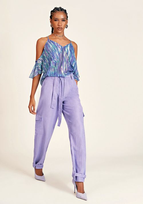 Calca Zinco Reta Cós Alto Bolso Lateral Lilas