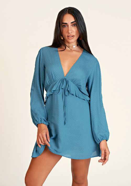 Vestido Zinco Curto Decote V Com Babado Azul Marinho