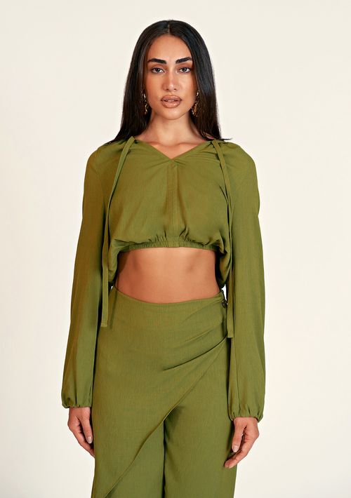 Blusa Zinco Cropped Decote V Manga Longa Com Amarração Verde