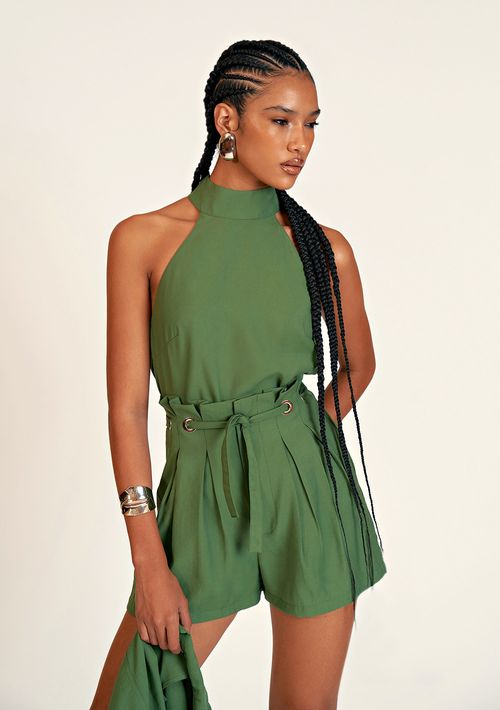 Blusa Zinco Reta Gola Alta Cava Francesa Com Recorte Verde