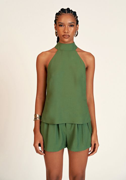 Blusa Zinco Reta Gola Alta Cava Francesa Com Recorte Verde