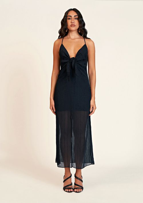 Vestido Zinco Midi Decote V Com Fenda Preto
