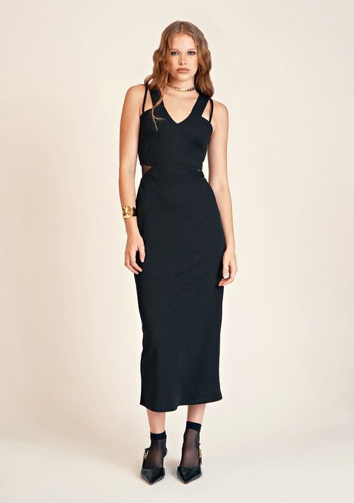 Vestido Zinco Midi Decote V Abertura Cintura Preto