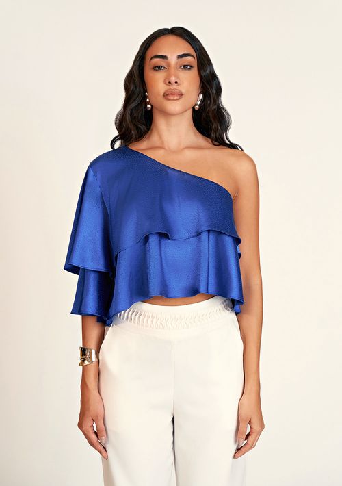 Blusa Zinco Ombro Só Manga Única Com Babado Azul
