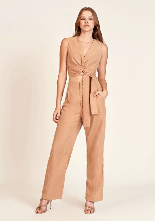 Top Zinco Justo Cavado Detalhe Torção Marrom