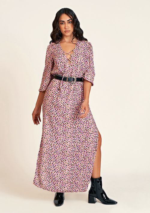 Vestido Zinco Longo Decote V Com Amarração Rosa