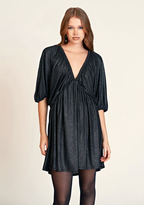 Vestido Zinco Curto Decote V Com Franzido Preto