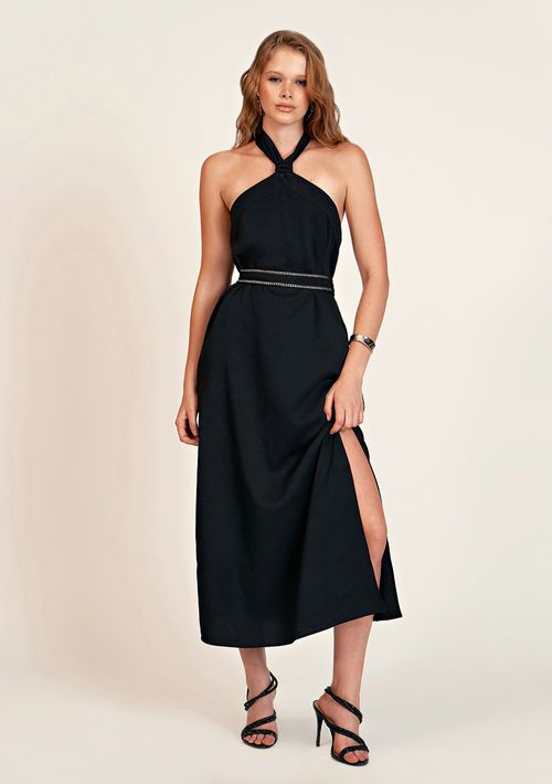 Vestido Zinco Midi Decote Amarração Com Cinto Preto