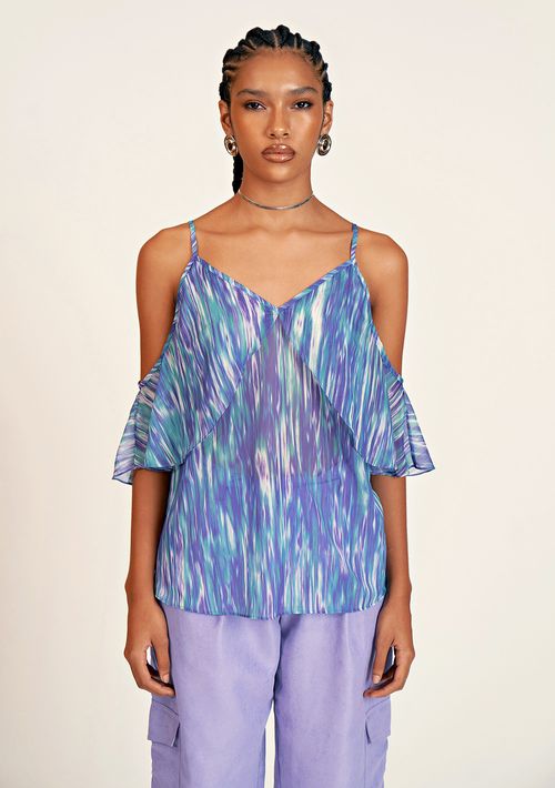 Blusa Zinco Decote V Alça Com Babado Azul
