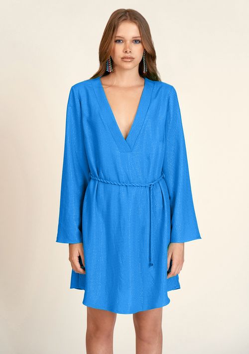 Vestido Zinco Curto Decote V Com Cinto Azul