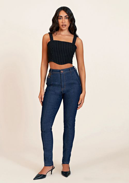 Calca Zinco Skinny Cós Alto Com Meia  Argola Jeans