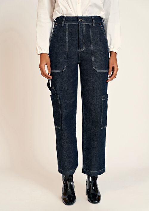 Calca Zinco Reta Cós Alto Bolso Sobreposto Jeans