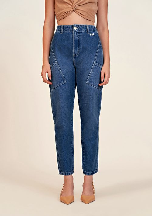 Calca Zinco Mom Cós Alto Bordado Industrial Jeans