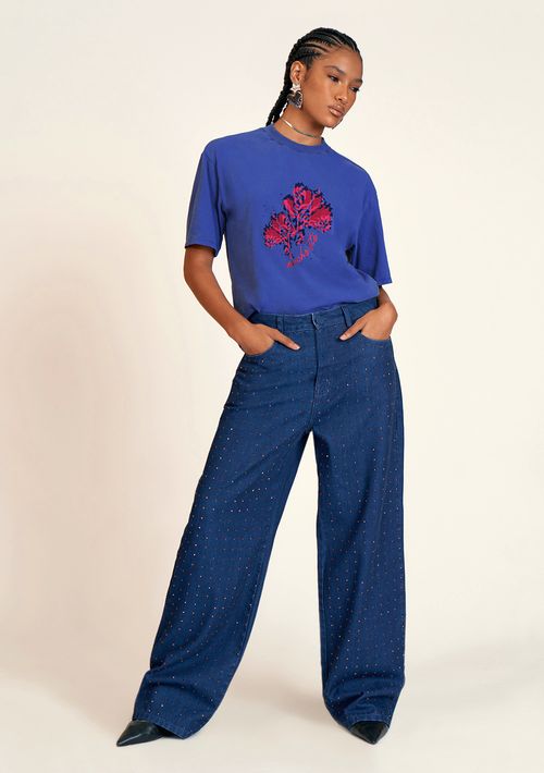 Calca Zinco Wide Cós Alto Com Termocolante Jeans