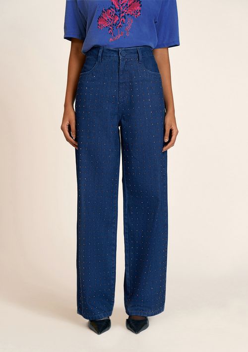 Calca Zinco Wide Cós Alto Com Termocolante Jeans