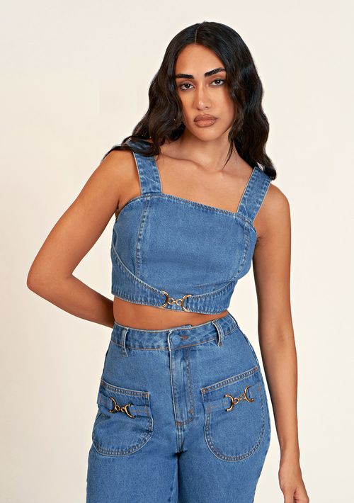 Top Zinco Reto Alça Com Metal Jeans