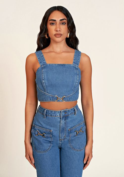 Top Zinco Reto Alça Com Metal Jeans