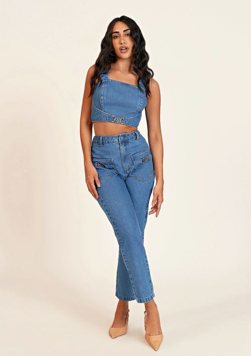 Calca Zinco Mom Fit Cós Alto Com Metal Jeans